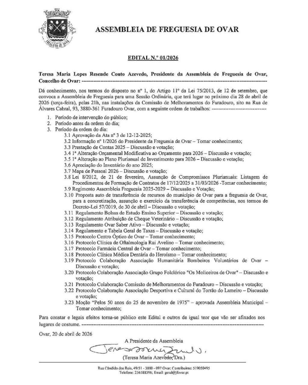 ASSEMBLEIA DE FREGUESIA - SESS&Atilde;O ORDIN&Aacute;RIA